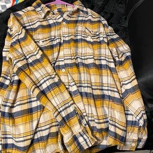 men’s large flannel, a mustard yellow like color with burgundy and navy blue